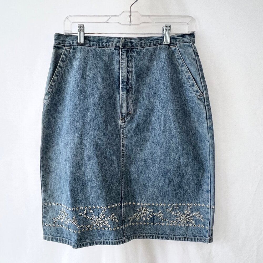 Gloria Vanderbilt Denim Pencil Skirt with Cutwork Embroidery Design, Size 10